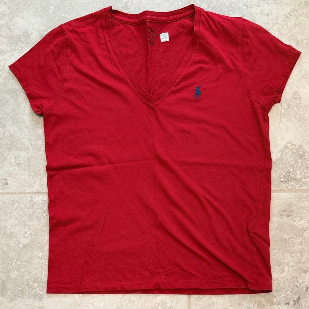 Polo Ralph Lauren Women’s Red V-Neck T-Shirt | Blue Pony Logo | Size M